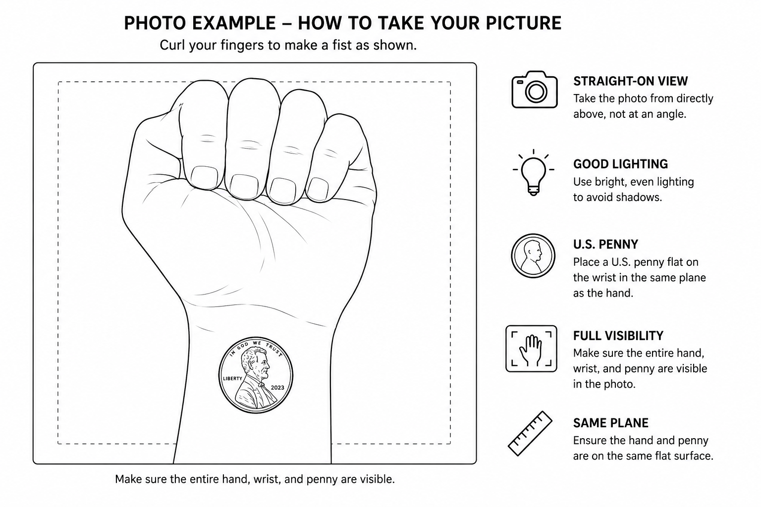 Line art showing proper DPC photo setup with curled fingers and a penny for scale